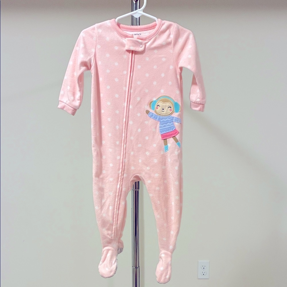 Carter's Girls’ Pink Polka Dot Footed One Piece with Monkey Ice Skater Appliqué
